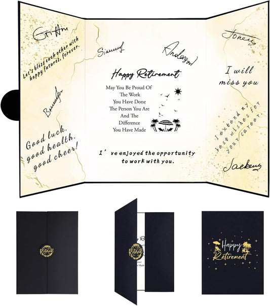 Holkcog Black Gold Retirement Party Decorations,Black Gold Giant Happy Retirement Guestbook Fun Beach Themed Retirement Party Signature Book,Best Retirement Gifts for Women Men, Retire Signing Boards