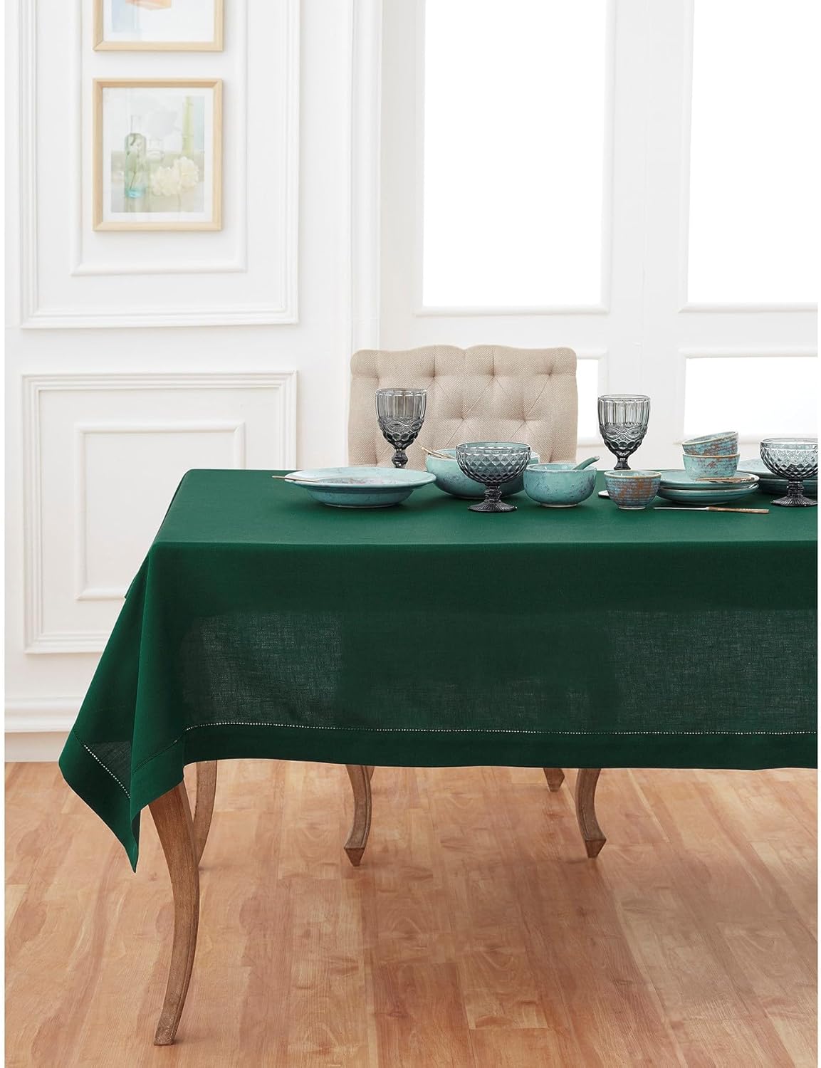 Solino Home Linen Tablecloth for Rectangle Tables 54 x 72 Inch - Classic Hemstitch 100% Pure Linen Rainforest Green Table Cloth - Machine Washable Cloth Tablecloth for Fall, Autumn, Thanksgiving