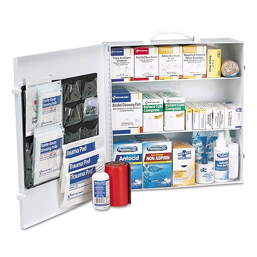 First Aid Only 90575 3-Shelf ANSI B+ and OSHA-Compliant First Aid Kit, 100-150-Person Emergency First Aid Kit for Business and Worksite, First Aid Metal Cabinet with Medications, 676 Pieces