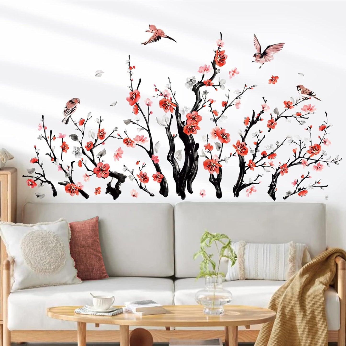 wondever Watercolor Flower Tree Branch Wall Stickers Blossom Red Floral Birds Peel and Stick Wall Art Decals for Living Room Bedroom