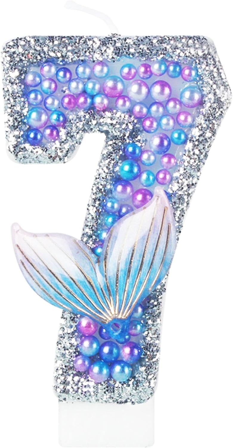 Girls Sparkler 7 Birthday Number Candles, Purple Pearls Mermaid Tail Number Birthday Candles for Girls Women Birthday Cakes Mermaid Themed Birthday Decorations Party Favors Number 7 Candle Cake Topper