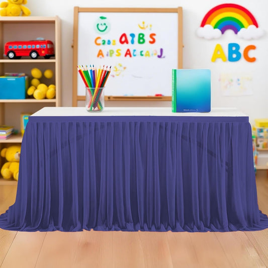 9FT Tulle Table Skirt for Teacher Desk Rectangular Ruffle Table Back to School Supplies for Kindergarten Preschool Middle School Classroom Decor, Navy Blue
