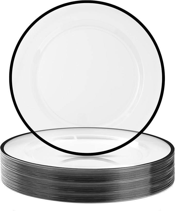 BESTSTAR 12 Inch Disposable Decor Charger Plates, 50 Pack Plastic Clear Plates with Gold Rim, Perfect Table Decor for Party, Wedding, Dinner, Halloween
