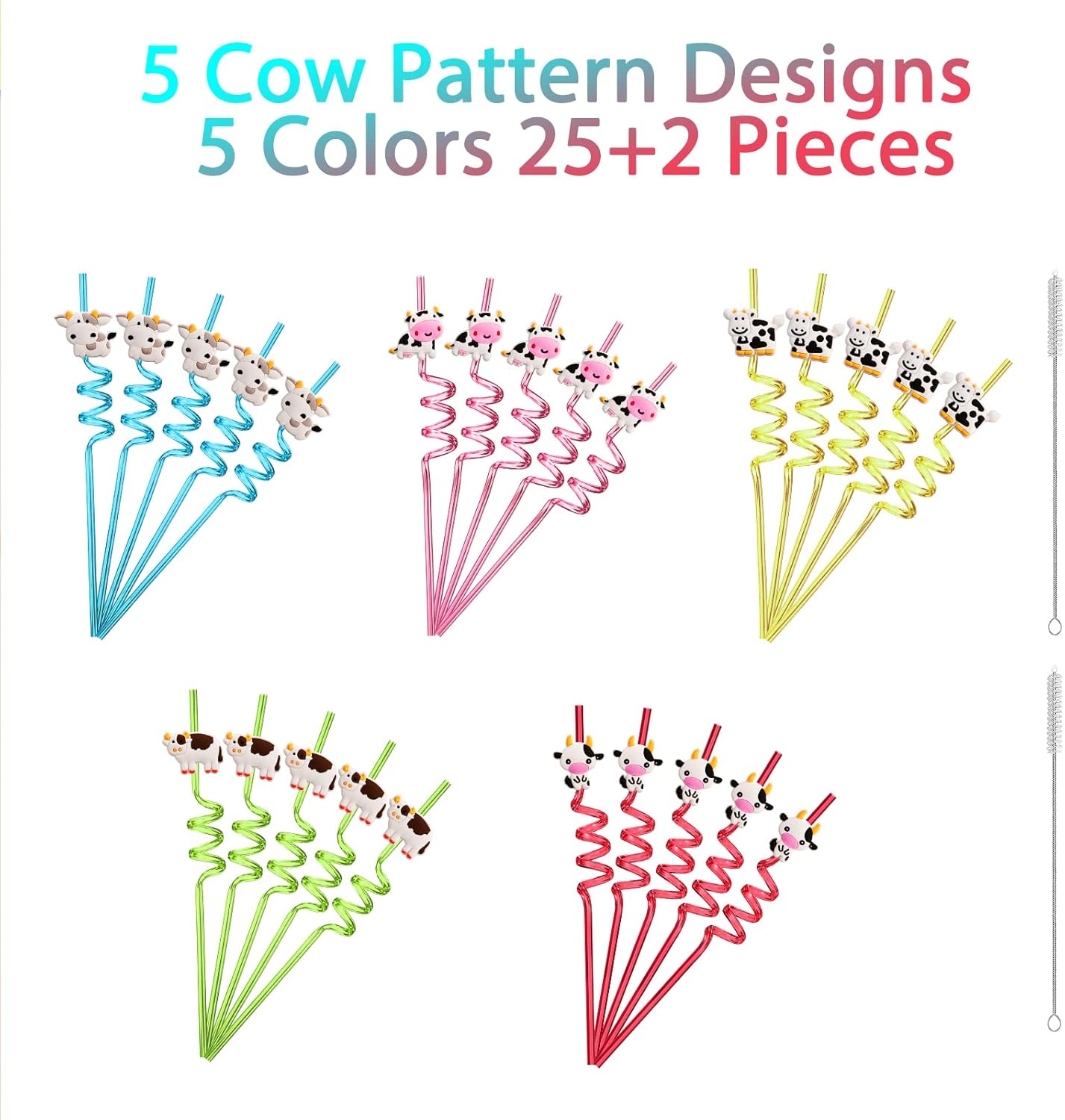 25 Cow Party Favors Drinking Straws Goodie Gifts for Boys Girls Holy Cow Im One Birthday Party Supplies with 2 PCS Cleaning Brushes