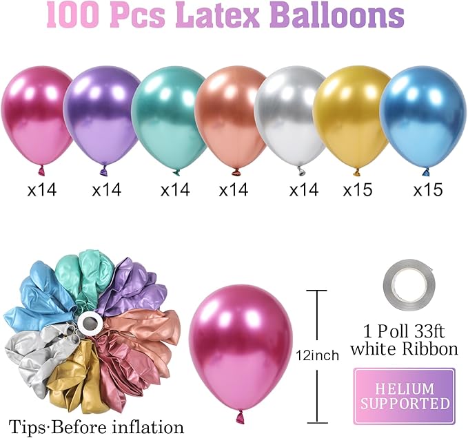 Patimate Balloons Assorted Colors 100 Pack 12 Inch Colorful Chrome Metallic Rainbow Party Balloons for Birthday Wedding Birthday Baby Shower Christmas Carnival Party Decorations Arch Garland