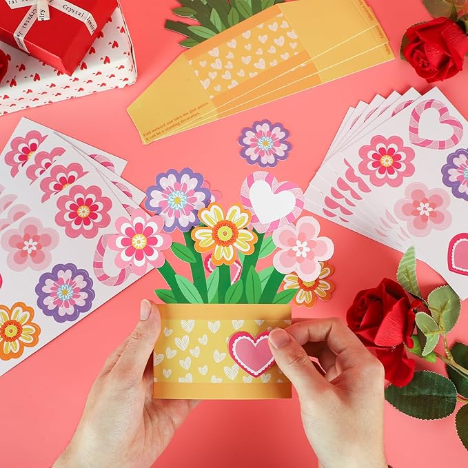 Yewfold 24Pcs Mother's Day Flower Pot Craft Kit, Mothers Day DIY Flower Pot Craft Make Your Own 3D Handmade Greeting Card Standing Floral Decor for Home Party Activities