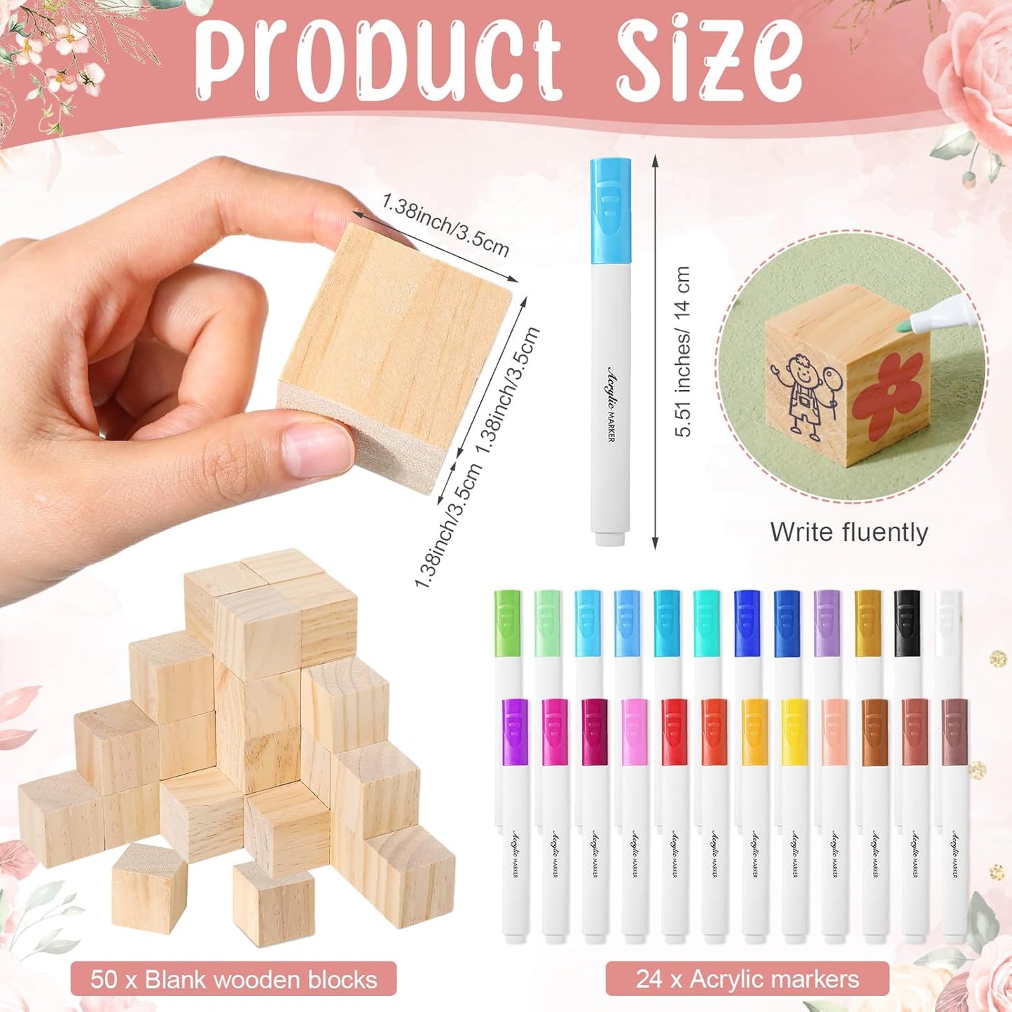 Tatuo 75 Pcs Baby Shower Games Sign Kit Including Decorate a Block Game Sign 50 DIY Wooden Block 24 Acrylic Paint Marker Baby Shower Prize for Gender Reveal Party(Floral)