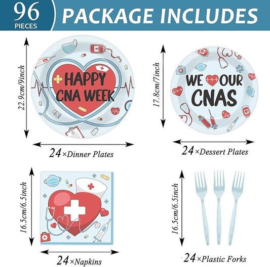 CHUNNIN 96Pcs Happy CNA Week Plates and Napkins Nurse Appreciation Week Party Decorations We Love Our CNAS Dessert Plates Nurse Tableware for 24 Guests CNA Appreciation Week Party Supplies