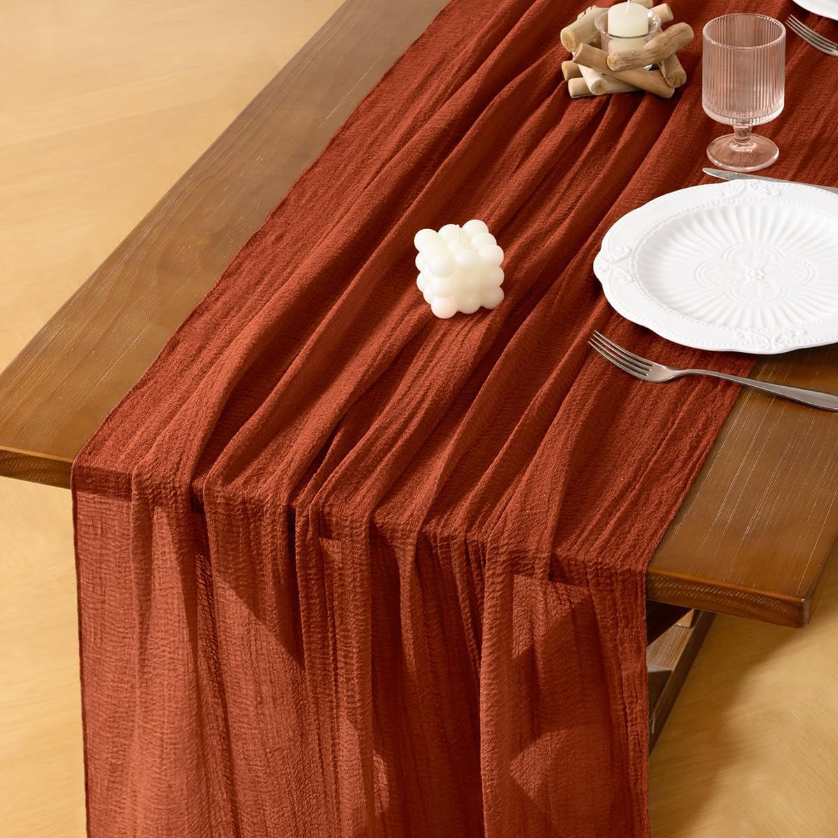 Socomi 6pcs Terracotta Cheesecloth Table Runner Fall Thanksgiving Gauze 120 Inch Rustic Boho Cheese Cloth Runner for Wedding Party Baby Bridal Shower Centerpiece Decoration