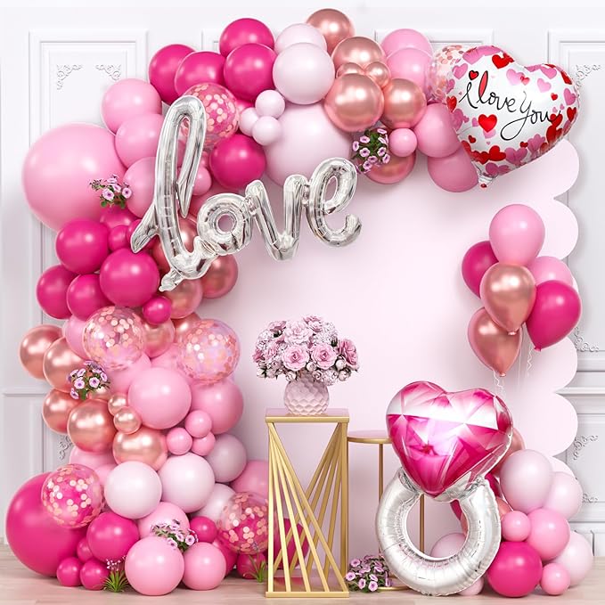 Valentines Day Balloon Arch Kit, Pink Rose Red Rose Gold Balloon Garland & I LOVE YOU/Love/Diamond Ring Foil Balloons for Galentines Mothers Day Wedding Engagement Anniversary Party Decorations