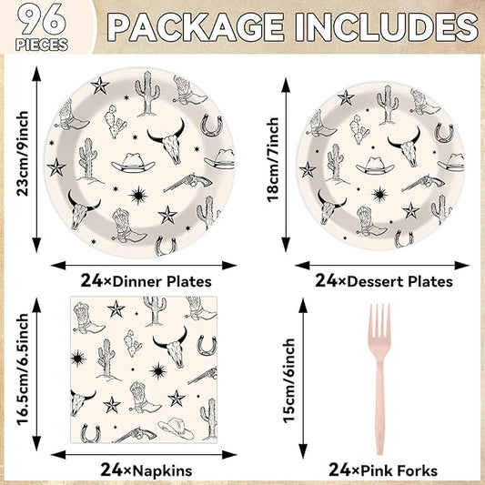 96PCS Western Cowboy Party Paper Plates and Napkins Set for Rodeo Party Cake Dessert Plates Disposable Decor Supplies Wild West Bachelorette Tableware for Kids Birthday Gatherings Decorations