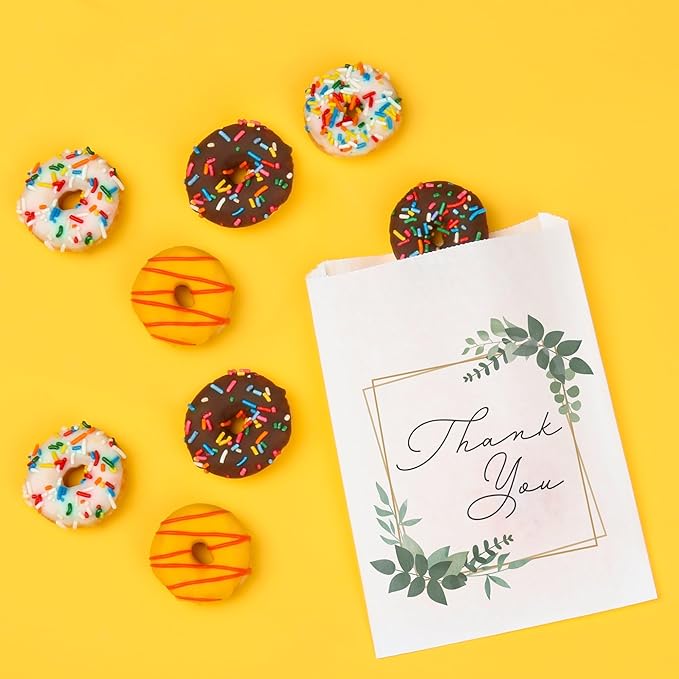 Boho Botanical Thank You Paper Treat Bags, Greenery Bridal Shower or Wedding Party Individual Candy Snack Favors, Greaseproof White Sandwich Cookie Bags - 25 Count