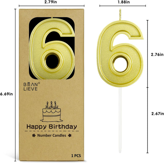 BEAN LIEVE Gold Birthday Candles Number 6, Gold Number Candles, Cake Number Candles for Birthday Parties and Wedding Anniversary Celebrations