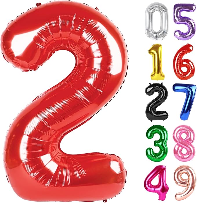 Red Number 2 Balloon 40 Inch, 2nd Birthday Decoration for Toddlers Girls Boys, Sparkling 2 Number Balloon Party Decor
