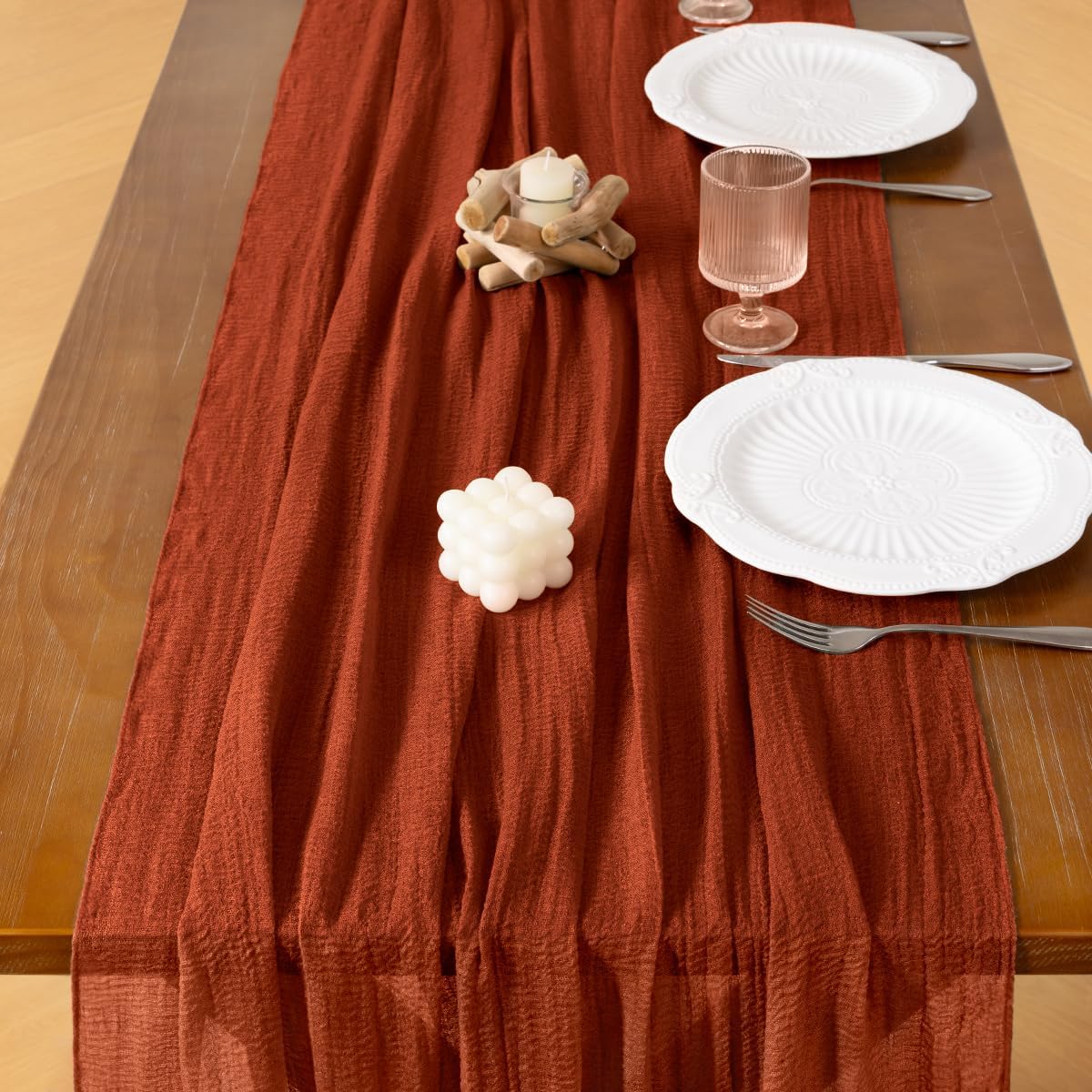 Socomi 6pcs Terracotta Cheesecloth Table Runner Fall Thanksgiving Gauze 120 Inch Rustic Boho Cheese Cloth Runner for Wedding Party Baby Bridal Shower Centerpiece Decoration