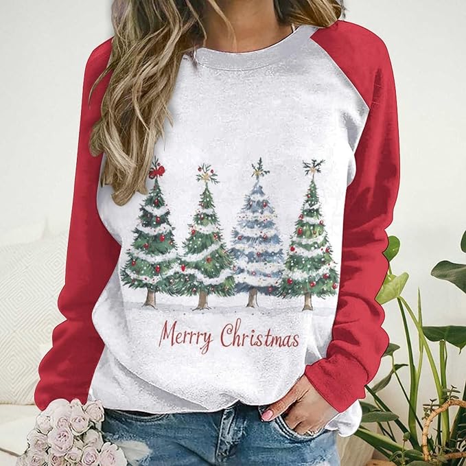 LOAIHA Christmas Sweatshirts for Women Christmas Tree Graphic Shirt Xmas Long Sleeve Merry Christmas Pullover Blouse