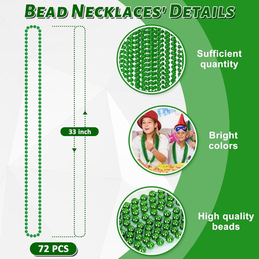 72PCS Green Bead Necklace, Mardi Gras Beads Necklace Accessories Bulk, Mardi Gras Xmas Necklaces, Parade Throw Accessories for Wedding Birthday Mardi Gras St. Patricks Christmas Decorations