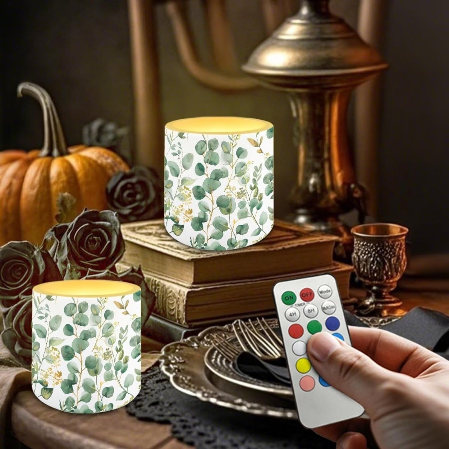 Poceacles Remote Control LED Flameless Candles Set of 4, Decorative Flickering Battery-Powered Candles with Remote Control for Restaurant Cafe Party Decor, Eucalyptus Leaf Green White