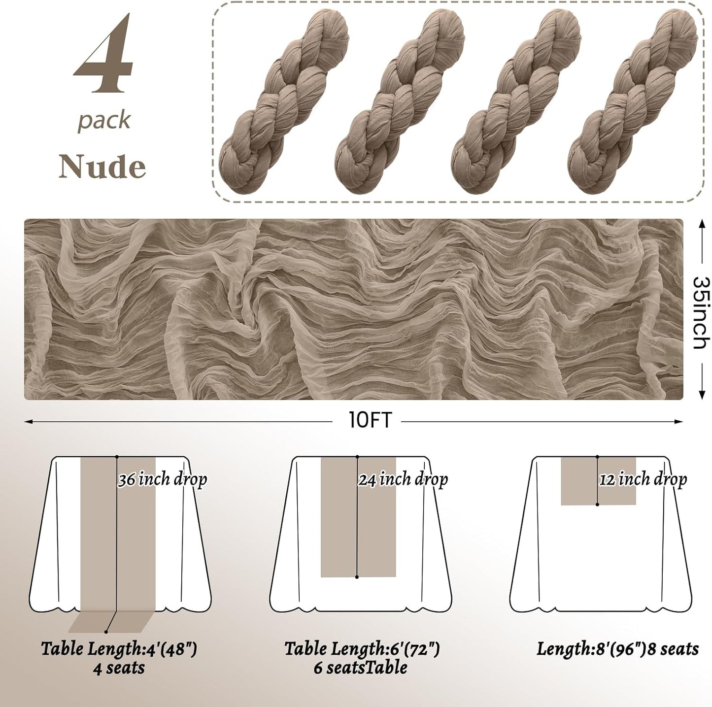 4Pack Nude Table Runner 10FT Cheesecloth Table Runner 35x120Inch Long Boho Cheese Cloth Table Runners Rustic Gauze Table Runners for Party Wedding Bridal Shower Baby Shower Decorations