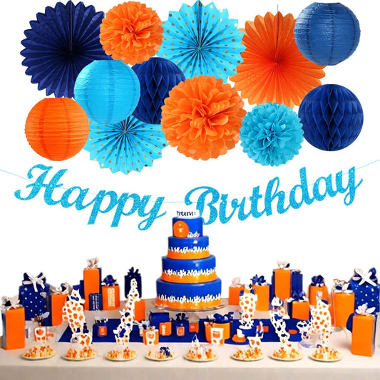 Orange Blue Men Birthday Decorations - 21pcs Happy Banner Garland,Bluey Paper Streamers Lanterns,Flower Tissue Pom Poms Fan Supplies,Hanging Wall Backdrop Party Decor Huglony