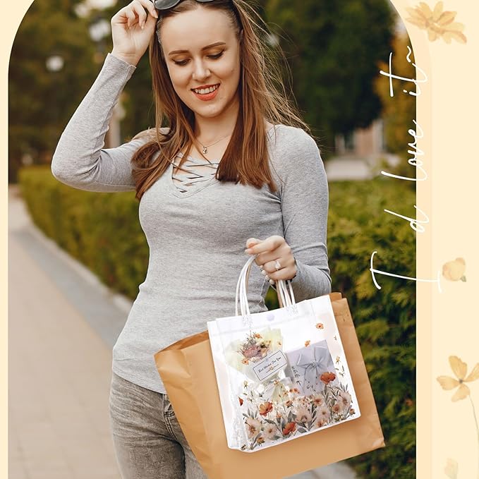 Resholder 24 Pcs Boho Flower Clear Gift Bags Wild Floral PVC Treat Tote with Handle Fall Thanksgiving Goodie Gift Bags for Wedding Birthday Baby Shower Bridal Tea Party Supplies, 8 x 8 x 3.15 Inch