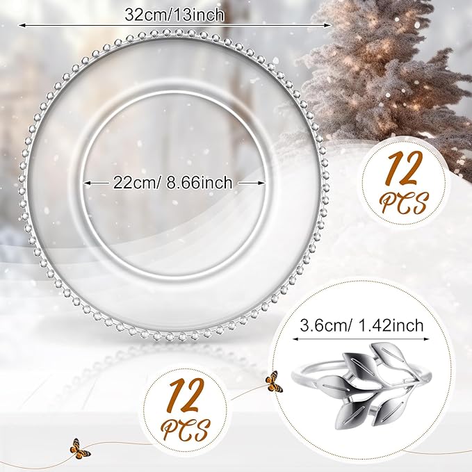 Bokon 12 Set Clear Charger Plates Bulk 13 Inch Beaded Plastic Charger Plates with Napkin Rings Acrylic Round Dinner Table Decorative for Party Wedding Thanksgiving(clear and Silver, 12)