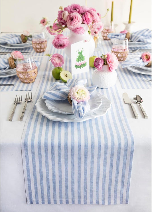 Solino Home Linen Table Runner 144 Inches Long - Amalfi Stripe, 100% Pure Linen Sky Blue and White Farmhouse Table Runner 14 x 144 Inch for Dining, Christmas