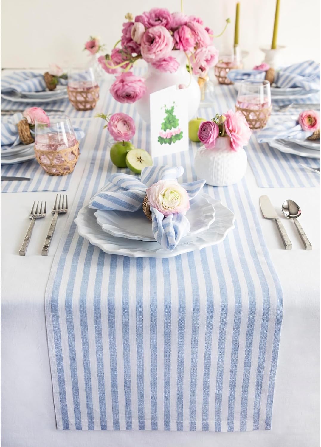 Solino Home Linen Table Runner 132 Inches Long - Amalfi Stripe, 100% Pure Linen Sky Blue and White Farmhouse Table Runner 14 x 132 Inch for Dining
