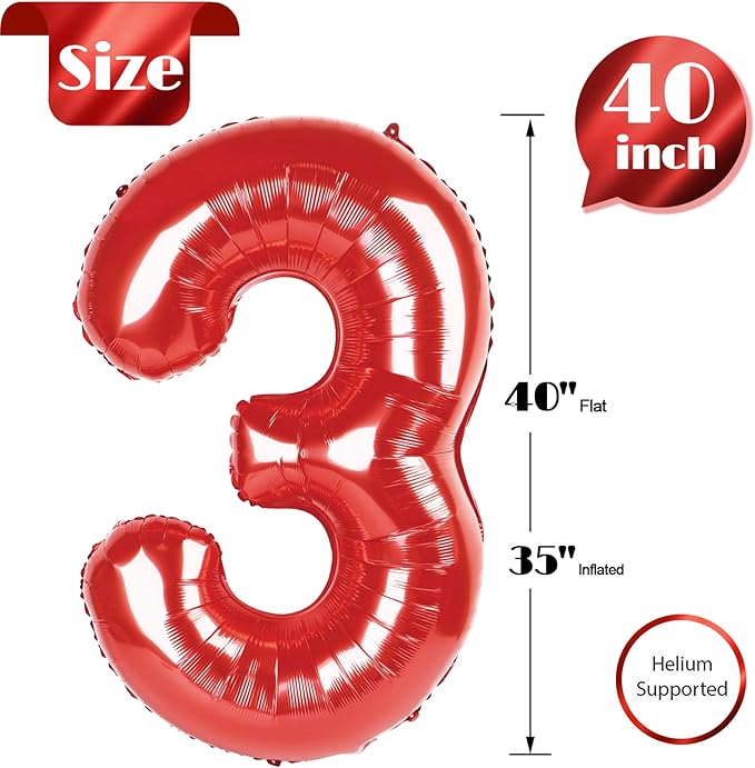 Red Number 3 Balloon 40 Inch, 3rd Birthday Celebration Supplies for Girls Boys Women Men, 3 Balloon for Girls Boys Theme Party