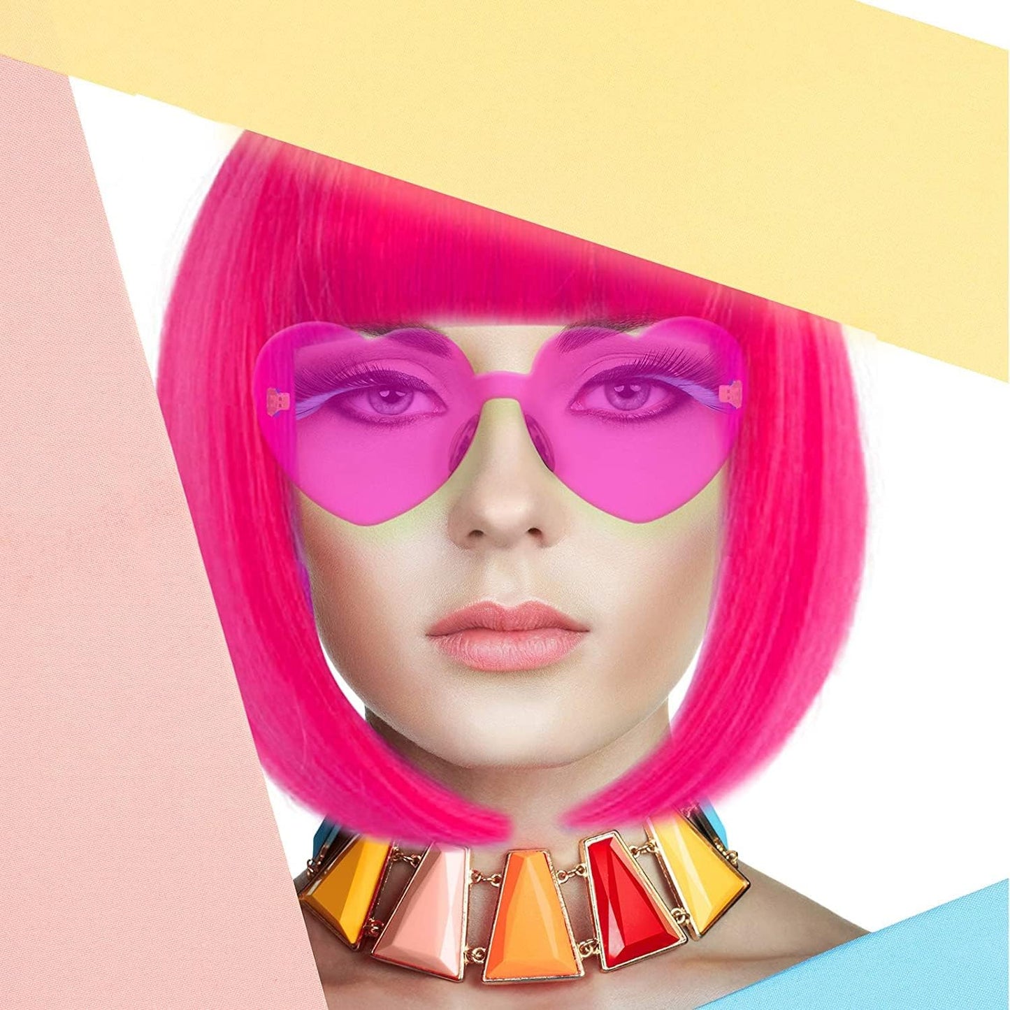 Short Bob Colors Wigs with Bangs, 6Pcs Cosplay Wig with Heart Sunglasses for Halloween Bachelor Party Decorations