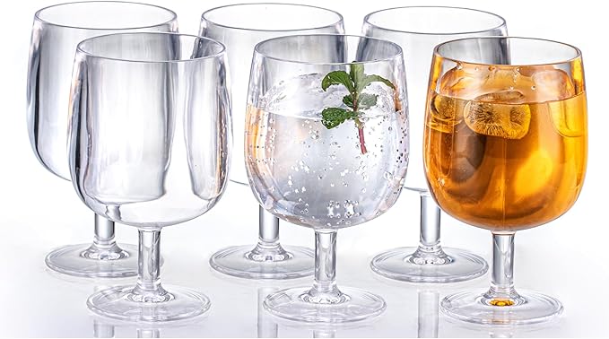12oz Clear Stemmed Wines Cups (Set of 6), Shatter-Proof Acrylic Bar Glasses, BPA-Free, Dishwasher-Safe