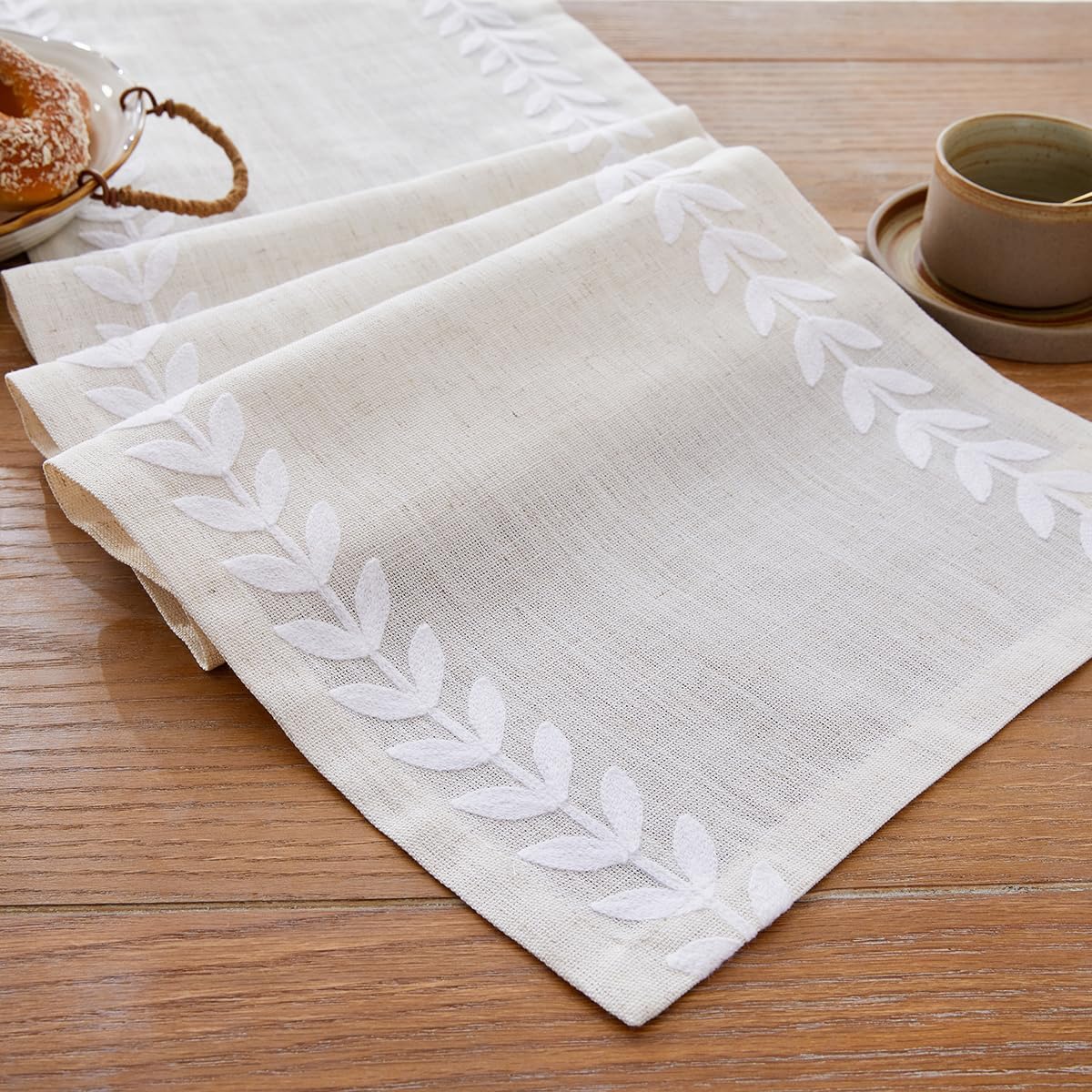 Wracra Embroidered Table Runner Irregular Willow Leaf Table Runners 48 Inches Long for Dresser Home Dining Table Decor,14 x 48 Inch, White