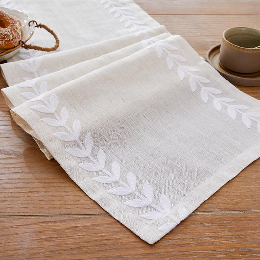 Wracra Embroidered Table Runner Irregular Willow Leaf Table Runners 48 Inches Long for Dresser Home Dining Table Decor,14 x 48 Inch, White