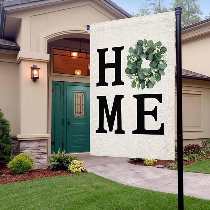 Home Green Eucalyptus Leaves Garland Garden Flags 12x18 Inch Double Sided Welcome Yard Flags for Outdoor Decor Retro Linen Yard Outside Seasonal Decoration