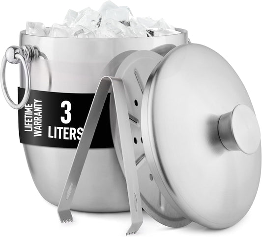 Zulay Kitchen Premium Stainless Steel Double-Wall Insulated Ice Bucket Kit – 3L, Leak-Proof, Stylish Drink Cooler for Parties, Cocktails, Wine, and Whiskey – Perfect for Home & Bar Use