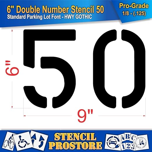Pavement, Curb, and WheelStop Stencils - 6 inch Double Number Stencil - (50) - 6" x 9" x 1/8" (128 mil) - Pro-Grade