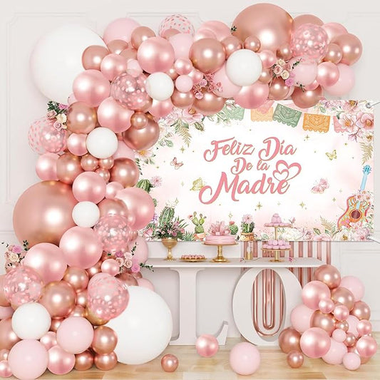 MEHOFOND Feliz Día De La Madre Decorations 107Pcs Mexican Mother's Day Balloons Set, Rose Gold Floral Feliz Dia Mama Love You Mom for Best Mom Ever Mothers Day Party Supplies