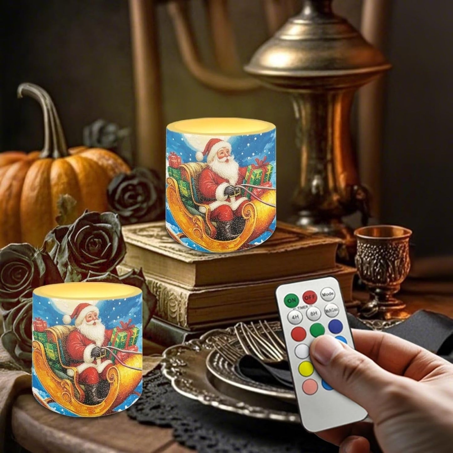 Poceacles 4 PCS Christmas Decoration Flameless LED Candles with Remote and Timer, Battery Powered, Realistic Electric LED Candles for Weddings Parties Home Decor, Santa Claus Sleigh Pattern