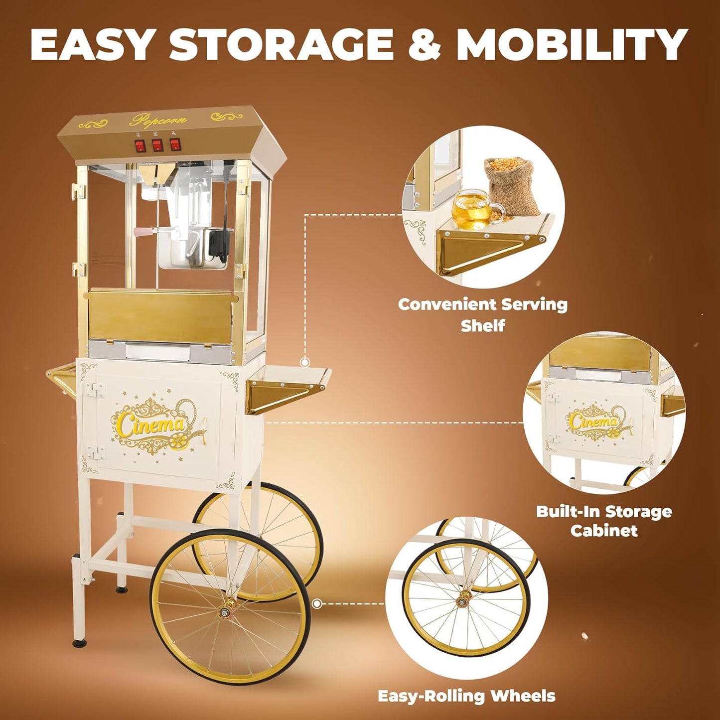 Upgraded 16oz Commercial Popcorn Machine with Cart, Large Popcorn Machine Makes Up to 80 Cups, Movie Theater Pop Corn Machine with Easy-Rolling wheels & Stainless-Steel Kettle, Beige&Gold