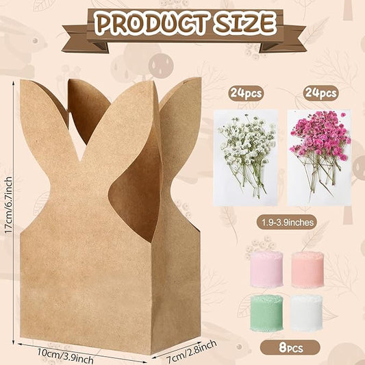 Affrolling 48 Set Boho Bow Easter Bunny Party Favor Bags DIY Bunny Gift Boxes with Neutral Bow Ribbon and Dried Flowers Rustic Paper Rabbit Ears Treat Bags Bulk for Easter Spring (Neutral Pastel)
