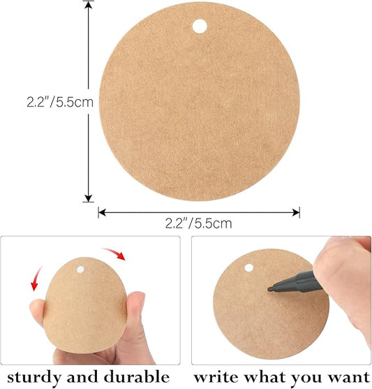 G2PLUS 100PCS Kraft Paper Gift Tag with String,2.2'' Round Paper Tags Blank Hang Tags Brown Circle Tags with Holes for Craft Projects, Xmas Gift, DIY Wedding Favor Bag