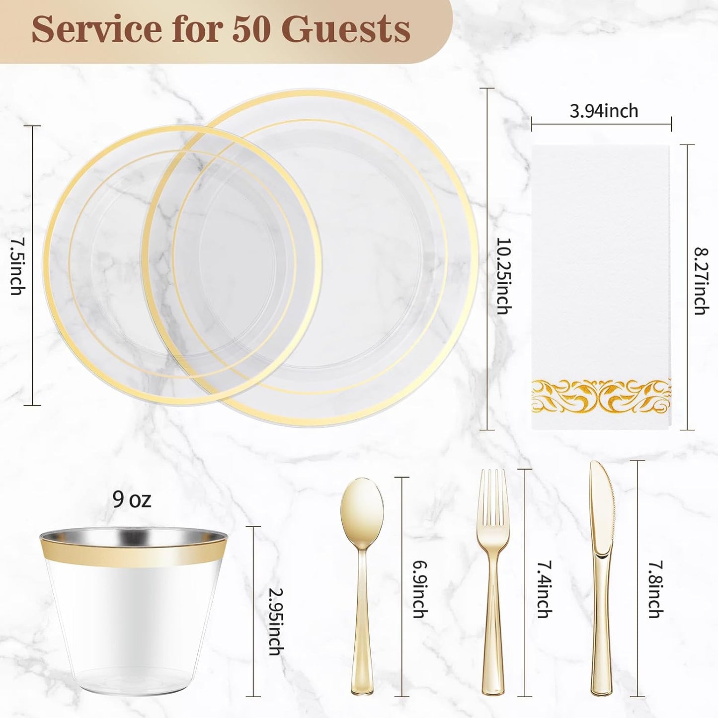 BESTVIP 350PCS Clear Gold Disposable Dinnerware Set for 50 Guests, Plastic Plates for Party, Wedding, Christmas, Halloween, Include: 100 Plastic Plates, 50 Gold Silverware, 50 Cups, 50 Napkins