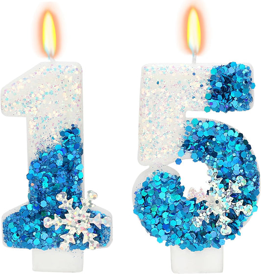 Snow Themed Birthday Candles, 15th Birthday Candle for Party Supplies, Winter Birthday Party Supplies, 2.76 inch Number 15 Candle Cake Topper Decoration (Number 15)