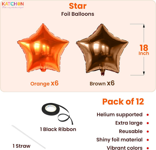 Katchon, Metallic Brown And Orange Star Foil Balloons 18 Inch - Pack of 12 | Orange Balloons for Thanksgiving Decorations, Thanksgiving Foil Balloons, Bachelorette Party Decor, Baby Shower Decorations