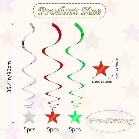 BEISHIDA Red Green Silver Star Hanging Swirl Christmas Decorations Ceiling Hanging Party Supplies for Christmas Birthday Wedding Decorations, Pack of 15
