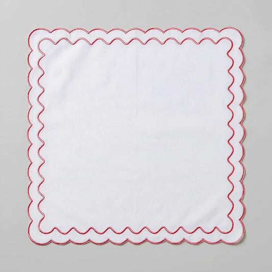 FINGERCRAFT Cloth Napkins, Everyday Use Dual Scallop Embroidery Design, Premium Quality Natural Cotton Napkin Set of 6 Perfect for Parties Dinners Weddings Easter Napkin Cloth 20x20 inch White/Pink