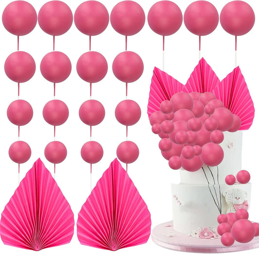 Ephlyn 28Pcs Paper Palm Fan Cake Topper Balls Cake Pick Wedding Bridal Shower DIY Cake Decorations for Baby Shower Wedding Birthday Anniversary Party Supplies Rose Red