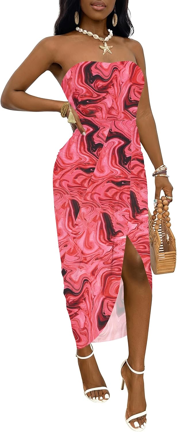 Umenlele Women's Strapless Ruched High Waist Wrap Split Asymmetrical Beach Maxi Long Dress