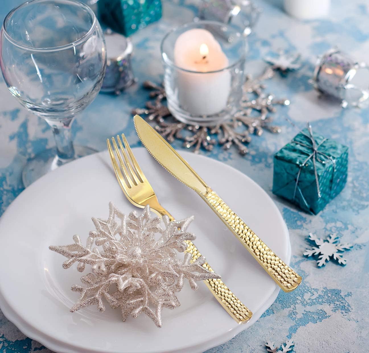 Supernal 300pcs Gold Plastic Forks,Disposable Hammered Forks,Premium Heavyweight Silverware Polished,Perfect for Big Party,Christmas Party Silverware