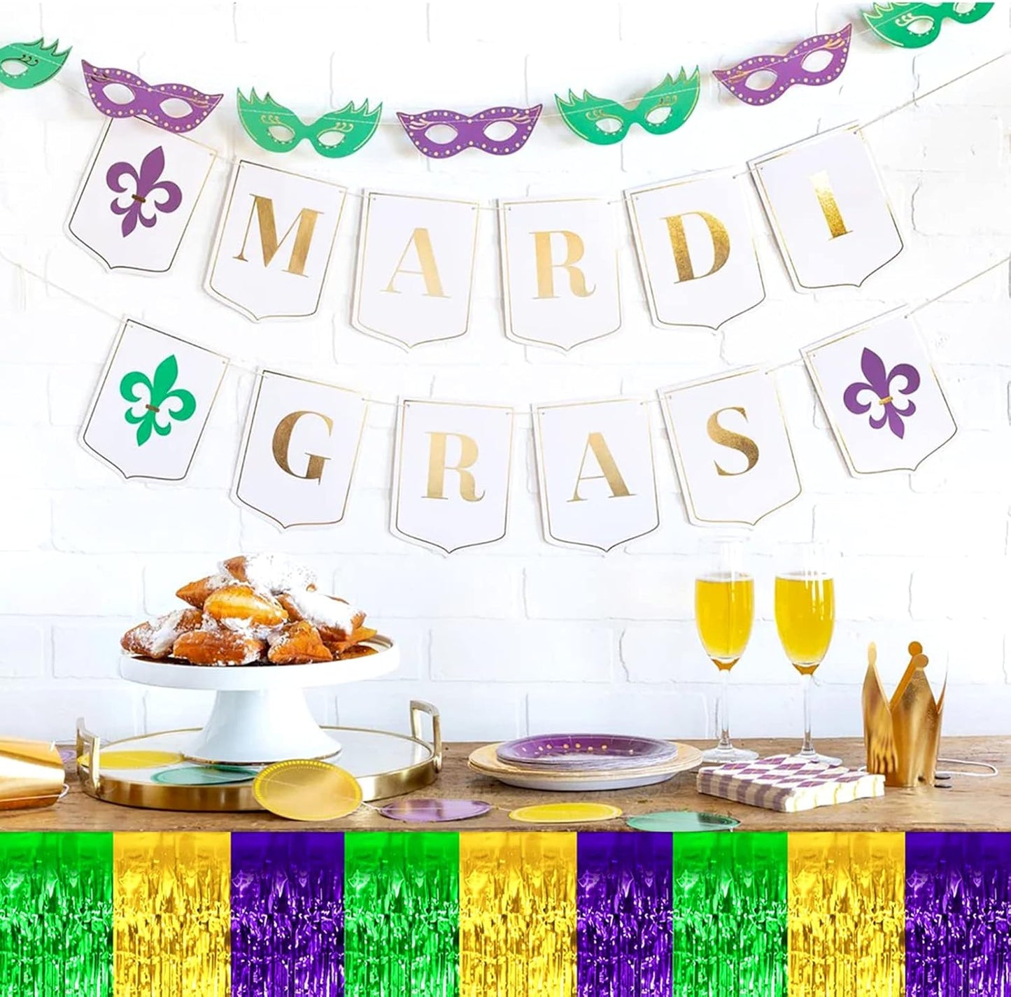 6 Pack 29x108 Inch Mardi Gras Metallic Foil Fringe Table Skirts Banner for Tinsel Streamer Garland Curtains Backdrop for Parade Floats Baby Shower Birthday Birthday Party Decoration(Gold Green Purple)